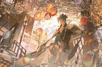 Rule 34 | 1boy, anton ivanov, balloon, black shirt, coat, coat on shoulders, collared shirt, headband, highres, jacket, looking to the side, male focus, multicolored hair, outdoors, pants, red streaks, shirt, short hair, smile, spiked hair, standing, streaked hair, striped headband, white jacket, white pants, yolk72, zenless zone zero