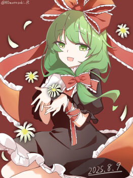 Rule 34 | 1girl, aomurasaki r, black dress, bow, commentary, dated, dress, flower, flower request, frilled bow, frilled dress, frills, front ponytail, green eyes, green hair, highres, kagiyama hina, looking at object, open mouth, red background, red bow, sitting, solo, tagme, touhou, twitter username