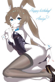 1girl absurdres adjusting_clothes adjusting_leotard alternate_costume amiya_(arknights) animal_ear_fluff animal_ears arknights artist_name bare_shoulders black_leotard black_shoes black_thighhighs blue_bow blue_bowtie blue_eyes bow bowtie breasts brown_hair character_name chinese_commentary closed_mouth commentary_request detached_collar feet_out_of_frame fingernails hair_between_eyes hand_up happy_birthday highres large_breasts legs leotard long_hair nail_polish pink_nails playboy_bunny rabbit_ears rabbit_girl remico shoes simple_background single_thighhigh sleeveless solo thighhighs white_background white_wrist_cuffs wrist_cuffs