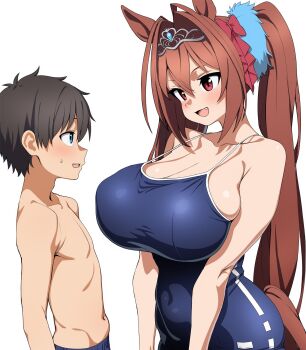 Rule 34 | 1boy, 1girl, age difference, alternate costume, breasts, daiwa scarlet (umamusume), highres, large breasts, neonveov, onee-shota, school swimsuit, swimsuit, umamusume
