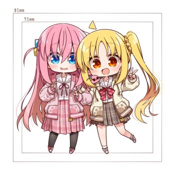2girls ahoge alternate_costume black_pantyhose blonde_hair blue_eyes blush bocchi_the_rock! bow bowtie brown_jacket brown_skirt chibi chibi_only chika_(06chimika13) collarbone commentary_request cube_hair_ornament gotoh_hitori gotoh_hitori_(tsuchinoko) hair_between_eyes hair_ornament hood hood_down hooded_jacket ijichi_nijika jacket long_hair long_sleeves looking_at_viewer multiple_girls open_clothes open_jacket open_mouth pantyhose pink_hair pink_jacket pink_skirt pleated_skirt polka_dot polka_dot_bow polka_dot_bowtie red_bow red_bowtie red_eyes red_shoes shoes side_ponytail sidelocks simple_background skirt smile sneakers v white_background zipper zipper_pull_tab