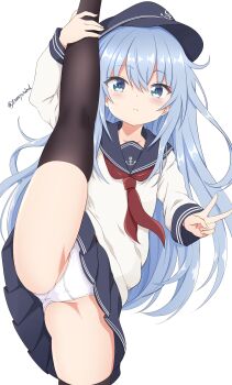 1girl :&lt; absurdres anchor_symbol black_socks blue_eyes blue_hair blue_hat blue_sailor_collar blue_skirt blush cameltoe commentary cowboy_shot flat_cap hair_between_eyes hat hibiki_(kancolle) highres kantai_collection leg_up light_blue_hair long_hair long_sleeves looking_at_viewer neckerchief panties pantyshot pleated_skirt red_neckerchief sailor_collar school_uniform serafuku simple_background skirt socks solo split standing standing_on_one_leg standing_split tamayan thighhighs twitter_username underwear v white_background white_panties