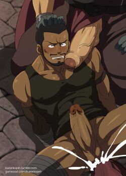 3boys anal bara beard black_hair blush burankoprn buzz_cut commentary covered_erect_nipples cum cum_in_ass cum_overflow dark-skinned_male dark_skin english_commentary erection facial_hair foreskin gumroad_username hand_on_another&#039;s_head highres huge_penis kuroinu_~kedakaki_seijo_wa_hakudaku_ni_somaru~ male_focus male_penetrated multiple_boys mustache pectoral_cleavage pectorals penis penis_on_shoulder short_hair solo_focus tank_top testicles tumblr_username variant_set very_short_hair volt_(kuroinu) yaoi
