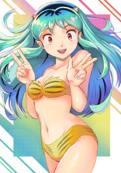 Rule 34 | 1girl, animal print, aqua hair, artist name, bikini, breasts, collarbone, commentary request, cone horns, double v, eyelashes, horns, long hair, lum, miz mus, navel, open mouth, orange eyes, pointy ears, print bikini, sidelocks, smile, solo, swimsuit, tiger print, urusei yatsura, v