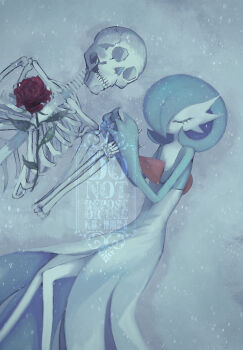 1girl artist_name bob_cut bone closed_eyes closed_mouth colored_skin female_focus flat_chest flower from_above gardevoir gen_3_pokemon green_hair green_skin hair_over_one_eye hands_up happy highres holding_hands knees_together_feet_apart lying multicolored_skin nintendo on_side one_eye_covered outdoors pokemon pokemon_(creature) red_flower red_rose rose short_hair skeleton skull smile snow snowing solo twitter_username two-tone_skin u_u watermark white_background white_skin yuhata_(yuh4t4)