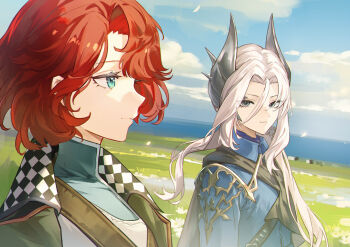 2girls absurdres blue_eyes blue_jacket blue_shirt blue_sky cloud cloudy_sky coat grasslands green_coat grey_eyes grey_hair hair_ornament highres jacket light_smile long_hair looking_at_another looking_to_the_side marsha_(reverse:1999) military_uniform multiple_girls outdoors profile qinghong_zaoshu red_hair reverse:1999 sentinel_(reverse:1999) shirt short_hair sky upper_body