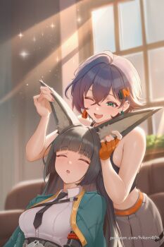 animal_ear_fluff animal_ears aqua_jacket belle_(zenless_zone_zero) black_necktie black_shirt comically_large_ears fingerless_gloves fox_ears fox_girl gloves green_eyes green_jacket hair_ornament highres hikari_illust hoshimi_miyabi jacket letter_hair_ornament necktie orange_gloves shirt single_fingerless_glove zenless_zone_zero