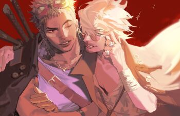 2boys absurdres commentary crossed_arms english_commentary facial_hair goatee goggles goggles_on_head highres jewelry male_focus multiple_boys mustache necklace one_eye_closed one_piece parted_lips red_background ring roronoa_zoro sanji_(one_piece) scar scar_across_eye scar_on_face simple_background smile sparkle sunglasses sword sword_on_back syiss twitter_username weapon weapon_on_back