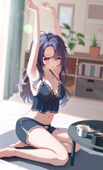 1girl :d absurdres armpits arms_up bacon bare_legs barefoot black_camisole black_shorts blush breakfast breasts camisole cleavage coffee coffee_mug cup day dolphin_shorts food fried_egg highres indoors lace-trimmed_camisole lace_trim lens_flare long_hair looking_at_viewer medium_breasts mug navel open_mouth original plant potted_plant purple_eyes purple_hair rug shelf shorts sikimosh sitting smile solo stretching sunlight table wooden_floor yokozuwari