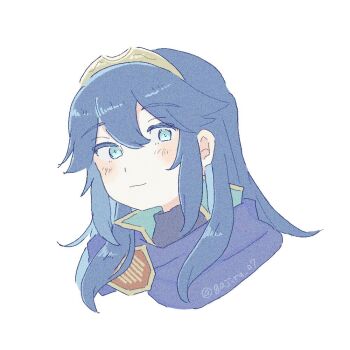 Rule 34 | 1girl, blue eyes, blue hair, blush, closed mouth, commentary request, fire emblem, fire emblem awakening, hair between eyes, light smile, long hair, looking at viewer, lucina (fire emblem), nintendo, sidelocks, solo, tanago (namiuchigiwa), tiara, twitter username, upper body, white background