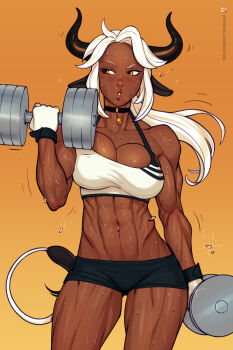 1girl abs animal_ears bbc-chan bell breasts choker cleavage commentary cow_ears cow_girl cow_horns cowboy_shot dark-skinned_female dark_skin dumbbell english_commentary exercising gloves highres horns large_breasts muscular muscular_female navel neck_bell original parted_lips patreon_username ponytail shorts solo sports_bra sweat teeth weightlifting white_hair yellow_eyes