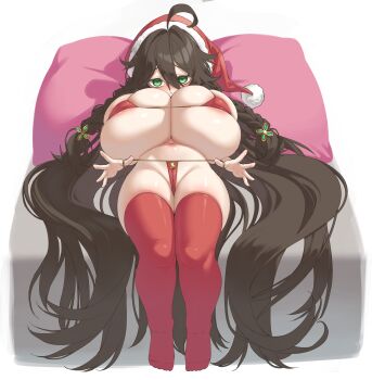 1girl absurdly_long_hair absurdres ahoge bikini bikini_pull breasts brown_hair christmas clothes_pull commentary_request elomil full_body fur-trimmed_bikini fur_trim green_eyes hair_ornament hat highres huge_breasts long_hair looking_at_viewer lying micro_bikini on_back oppai_loli original red_bikini red_thighhighs sack santa_costume santa_hat simple_background solo string_bikini swimsuit thighhighs twintails very_long_hair white_background