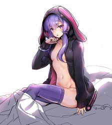 1girl ajishio animal_hood blanket breasts cardigan cleavage coat female_focus hair_between_eyes hood hood_up hooded_cardigan jacket long_sleeves medium_breasts naked_coat navel no_bra on_bed open_clothes open_jacket open_mouth pillow purple_eyes purple_hair purple_thighhighs rabbit_hood short_hair_with_long_locks simple_background sitting sleeves_past_wrists solo thighhighs vocaloid voiceroid yuzuki_yukari