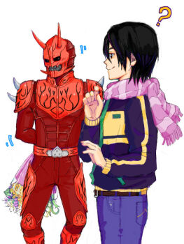 2boys ? armor arms_behind_back black_hair blush bodysuit boquet coat facing_away flower flower_bouquet kamen_rider kamen_rider_den-o_(series) knees_bent male_focus momotaros monster monster_boy multiple_boys nogami_ryoutarou oni pink_scarf red_armor scarf short_hair smile striped_coat tegaki