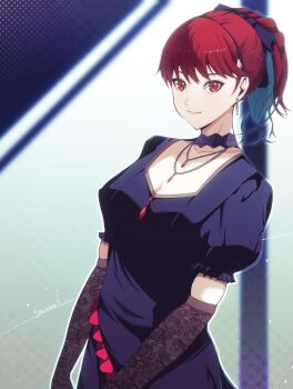 1girl alternate_costume alternate_hairstyle black_dress black_gloves black_ribbon closed_mouth commentary_request corner50777313 detached_collar dress earrings elbow_gloves formal_clothes gloves hair_ribbon highres jewelry looking_at_viewer mixed-language_commentary necklace persona persona_5 persona_5_the_royal puffy_short_sleeves puffy_sleeves red_eyes red_hair ribbon short_sleeves signature smile solo yoshizawa_kasumi