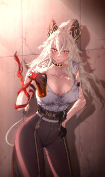 1girl absurdres arm_strap black_gloves black_pants blonde_hair blush breasts bright_pupils button_gap can closed_mouth collarbone commentary curled_horns drink_can gloves hair_between_eyes hand_on_own_hip high-waist_pants highres holding holding_can horns hug hug_from_behind large_breasts long_hair looking_at_viewer mole mole_on_breast mole_under_eye pants red_eyes shirt shirt_tucked_in smile solo soon_(yjwx8242) tight_clothes tight_pants torn_clothes torn_shirt very_long_hair white_pupils white_shirt wuthering_waves zani_(wuthering_waves)