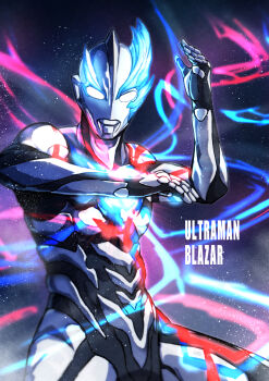 Rule 34 | 1boy, absurdres, alien, armor, asymmetrical horns, blue horns, blue skin, character name, color timer, colored skin, commentary, compound eyes, dark background, dorsal fin, energy, english text, fighting stance, giant, giant male, glowing, glowing eyes, glowing horns, hands up, highres, horns, light particles, looking at viewer, male focus, multicolored skin, nkeo, no pupils, pectorals, red skin, shoulder armor, silver skin, solo, standing, tokusatsu, toned, toned male, ultra series, ultraman blazar, ultraman blazar (series), upper body, white eyes