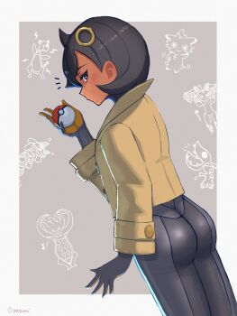1girl absurdres ampharos ass black_bodysuit black_gloves black_hair bodysuit bodysuit_under_clothes border brown_jacket commentary cowboy_shot cowlick dark-skinned_female dark_skin emma_(pokemon) espurr from_behind gen_2_pokemon gen_3_pokemon gen_4_pokemon gen_6_pokemon gloves hair_between_eyes hair_ornament hand_up highres holding holding_poke_ball jacket latex latex_bodysuit long_sleeves looking_at_viewer lopunny lucario malamar mawile nintendo notice_lines orange_gloves oyasumi_(sleepingnes1) parted_lips poke_ball poke_ball_(basic) pokemon pokemon_(creature) pokemon_legends:_z-a profile purple_eyes short_hair sidelocks signature solo_focus standing swept_bangs two-tone_gloves white_border