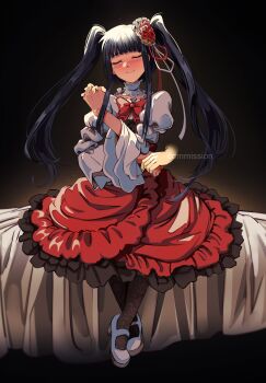 1girl absurdres bed_sheet blue_eyes blue_hair blunt_bangs blush bow choker closed_eyes disembodied_hand dress flower frills furudo_erika hair_flower hair_ornament hat highres holding_hands long_hair pantyhose pink_bow ribbon rose sitting skirt smile solo twintails umineko_no_naku_koro_ni uneasywolf