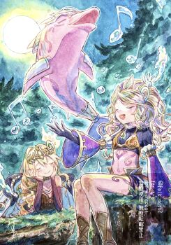 Rule 34 | 2girls, blonde hair, breasts, closed eyes, crop top, dolphin, duel monster, full moon, hair ornament, hands on own face, highres, mizutama (mizutamalion), moon, multiple girls, music, musical note, navel, on tree stump, open mouth, ritual beast tamer lara, ritual beast tamer zefrawendi, singing, sitting, smile, spiritual beast tamer lara, tagme, twitter username, yu-gi-oh!