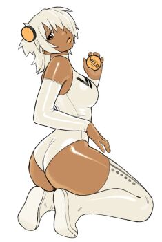 ass bare_shoulders boots breasts copyright_name covered_navel dark-skinned_female dark_skin detached_sleeves drugs earrings expressionless from_behind from_side full_body hair_ornament hair_over_one_eye hand_on_own_hip hand_up holding jewelry kneeling large_breasts leotard lipstick looking_at_viewer looking_back makeup mango_(yirtios) orange_eyes orange_lips original personification print_leotard seiza short_hair simple_background sitting stud_earrings thigh_boots velo_(nicotine_pouch) white_background white_boots white_hair white_leotard yirtios