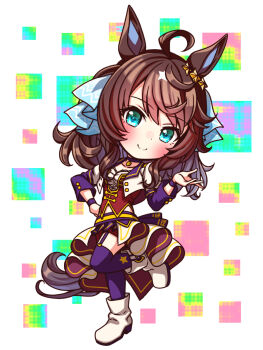 1girl ahoge animal_ears blue_eyes blush bodice boots breasts brown_hair chibi chibi_only choker closed_mouth collarbone commentary_request corset cropped_jacket daring_tact_(umamusume) full_body garter_straps hair_between_eyes hair_ornament highres horse_ears horse_girl horse_tail jacket long_hair long_sleeves looking_at_viewer medium_breasts midriff_peek navel overskirt pendant_choker purple_choker purple_garter_straps purple_thighhighs red_corset red_shorts shirt shorts smile solo star_(symbol) star_hair_ornament starting_future_(umamusume) sugimotty_nova tail thighhighs umamusume umapyoi_densetsu white_boots white_jacket white_shirt wristband