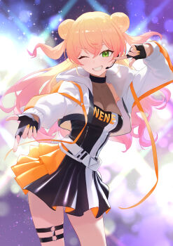 1girl ;d absurdres black_choker black_dress black_gloves blonde_hair breasts choker cowboy_shot cropped_jacket double_bun dress fingerless_gloves gloves gradient_hair green_eyes hair_bun halter_dress halterneck headset highres hololive hood hooded_jacket jacket long_hair looking_at_viewer medium_breasts momosuzu_nene multicolored_hair o-ring o-ring_choker official_alternate_costume one_eye_closed open_clothes open_jacket open_mouth pink_hair see-through_cleavage see-through_clothes serelith short_dress side_up_bun smile solo standing thigh_strap two_side_up virtual_youtuber white_jacket