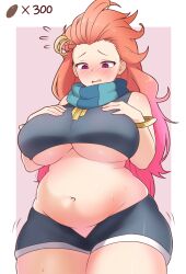 Rule 34 | 1girl, alternate body size, alternate breast size, amogan, bangle, blue scarf, blush, border, bracelet, breasts, commission, cowboy shot, furrowed brow, highres, huge breasts, jewelry, league of legends, long hair, navel, orange hair, outside border, parted lips, pink background, pixiv commission, plump, purple eyes, scarf, short shorts, shorts, simple background, sleeveless, solo, striped clothes, striped scarf, sweat, thick thighs, thighs, weight conscious, white border, zoe (league of legends)