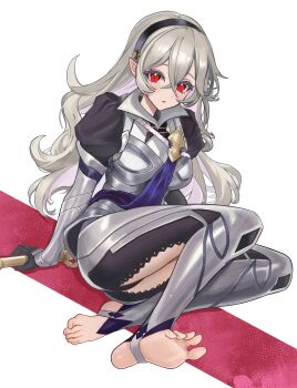 1girl absurdres barefoot blush feet female_corrin_(fire_emblem) fire_emblem fire_emblem_fates grey_hair hairband highres jyn_jyn long_hair looking_at_viewer parted_lips pointy_ears red_eyes soles stirrup_legwear toeless_legwear toes