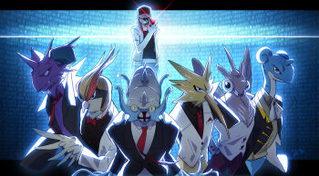 1boy bad_id bad_pixiv_id black_shirt blouse blue_background bow bowtie breast_pocket clothed_pokemon collared_shirt dr.k english_text formal_clothes furry furry_male gen_1_pokemon highres lapras legendary_pokemon letterboxed nidoking nintendo omastar outside_border personification pidgeot pocket poke_ball poke_ball_(basic) pokemon pokemon_(creature) purple_shirt red_(pokemon) shirt suit text_background the_end_(phrase) traditional_bowtie twitch_plays_pokemon venomoth wall_of_text white_shirt zapdos
