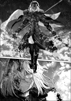 1girl absurdres ahoge armor battle_standard blood blood_on_face cape chain close-up closed_mouth fate/grand_order fate_(series) fire fur-trimmed_cape fur_trim gauntlets greyscale hair_over_one_eye headpiece highres jeanne_d'arc_alter_(avenger)_(fate) jeanne_d'arc_alter_(fate) la_grondement_du_haine looking_at_viewer monochrome no_mouth partially_shaded_face plackart sakana_(whhy8883) short_hair solo standing thighhighs