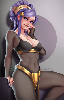 1girl bodystocking breasts cleavage comb dark_mage_(fire_emblem_awakening) fire_emblem fire_emblem_fates hair_ornament hand_on_own_cheek hand_on_own_face jackary large_breasts leaning_on_object loincloth midriff navel nintendo orochi_(fire_emblem) purple_eyes purple_hair see-through_clothes simple_background skindentation solo