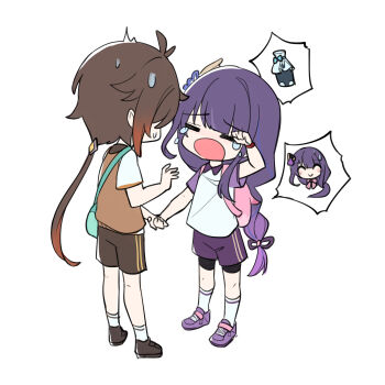 1boy 2girls absurdres aged_down alternate_costume alternate_universe antenna_hair bird book bracelet braid brown_hair c520gpss chinese_commentary closed_mouth collared_shirt contemporary crying dango_milk_(genshin_impact) friends from_behind from_side full_body genshin_impact gradient_hair hair_ornament hair_ribbon highres holding holding_book jewelry leaning_forward long_braid long_hair looking_to_the_side low_ponytail makoto_(genshin_impact) mixed-language_commentary multicolored_eyes multicolored_hair multiple_girls necktie nervous_sweating no_mole notice_lines open_book open_mouth orange_eyes ponytail purple_eyes purple_hair raiden_shogun ribbon school_uniform shirt short_sleeves shorts siblings simple_background single_braid sisters spoken_character standing streaked_hair sweat tearing_up tears twins vest white_background zhongli_(genshin_impact)