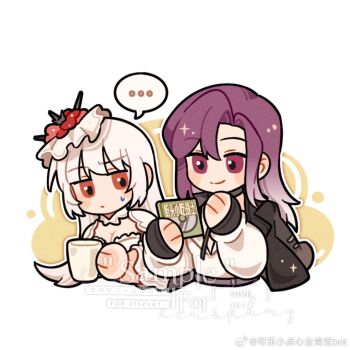 Rule 34 | artist request, black coat, breasts, chibi, chibi only, chinese commentary, chinese text, cleavage, closed mouth, coat, coat on shoulders, commentary request, commission, commissioner name, coquelic (path to nowhere), cropped torso, cup, curtained hair, dvd (object), dvd case, flower, gradient hair, hair flower, hair ornament, hands up, holding, holding cup, long hair, looking at another, multicolored hair, path to nowhere, poppy (flower), purple eyes, purple hair, raised eyebrows, red eyes, red flower, sample watermark, second-party source, shalom (path to nowhere), simple background, simplified chinese text, smile, sweatdrop, translation request, watermark, weibo watermark, white background, white hair