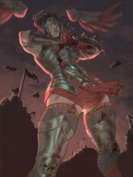 Rule 34 | 1girl, armor, black hair, blood, blood on armor, blood on face, blood on hands, hades (series), hades 2, highres, looking at viewer, muscular, muscular female, nemesis (hades), pulkamen, purple lips, self-upload, shield, skull, yellow eyes