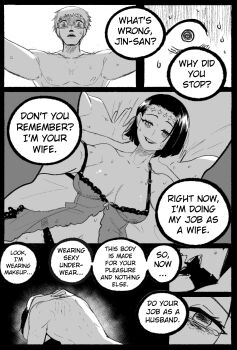 1boy 1girl babydoll breasts commentary english_commentary half-closed_eyes highres husband_and_wife imminent_penetration itadori_jin itadori_kaori jujutsu_kaisen kenjaku medium_breasts nervous panties scar scar_on_face scar_on_forehead short_hair smile speech_bubble stitched_forehead underwear wanderjegson