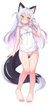 1girl animal_ears barefoot blush bottomless breasts camisole embarrassed fang fang_out gradient_hair grey_hair highres long_hair looking_to_the_side multicolored_hair nose_blush original pink_hair pussy simple_background skin_fang small_breasts smile sweatdrop tail two-tone_hair two_side_up ug_(nekonekodou) white_background white_camisole yellow_eyes
