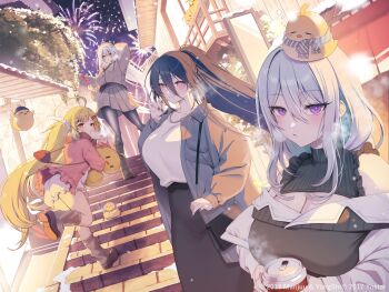 4girls aerial_fireworks ahoge azur_lane black_hair black_pantyhose blonde_hair breasts cleavage closed_mouth coat commentary_request eldridge_(azur_lane) enterprise_(azur_lane) fireworks food_in_mouth grey_hair highres kansas_(azur_lane) kearsarge_(azur_lane) large_breasts long_hair looking_at_viewer manjuu_(azur_lane) multiple_girls navel official_art open_clothes open_coat outdoors pantyhose parted_lips purple_eyes running shirt skirt smile stairs standing tarou_(komekueyo) very_long_hair white_shirt