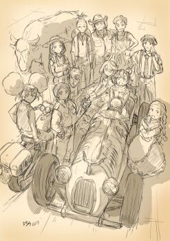 4boys 6+girls afro_puffs ahoge aliya_mahvash alternate_costume alternate_universe bird book brown_background car chicken chuatury_panlunch cow cowboy_hat dress farmer gloves goat goggles goggles_on_head goggles_on_headwear gundam gundam_suisei_no_majo haro hat helm helmet highres holding holding_book holding_umbrella jumpsuit lilique_kadoka_lipati martin_upmont miorine_rembran motor_vehicle motorcycle multiple_boys multiple_girls necktie nika_nanaura nuno_kargan official_art ojelo_gabel scarf sketch straw_hat suletta_mercury suspenders till_nys tycho_(gundam) umbrella