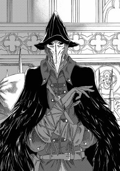 1girl 913kousatu absurdres bloodborne cape collared_shirt commentary_request eileen_the_crow fence gloves greyscale hat highres mask masked monochrome plague_doctor_mask shirt solo upper_body