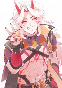 Rule 34 | 1boy, abs, arataki itto, bare pectorals, belt, belt buckle, black belt, black nails, body markings, bracelet, buckle, chest strap, choker, colored inner hair, commentary, curtained hair, fingernails, forked eyebrows, genshin impact, grin, highres, horns, jewelry, long hair, male focus, multicolored hair, mystical high collar, navel, nayu kaya, o-ring, o-ring choker, pectorals, purple shrug, red hair, sharp fingernails, short sleeves, shrug (clothing), smile, solo, spiked bracelet, spikes, symbol-only commentary, white background, white hair