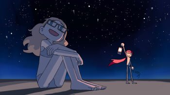 2girls absurdres barefoot bikini bikini_bottom_only blonde_hair bra dot_nose flat_chest freckles glasses grey_panties highres horizon hotelblue lantern madeline_(hotelblue) multiple_girls night open_mouth original panties ponytail r.h. red_hair shadow sitting sky star_(sky) stargazing starry_sky training_bra underwear unworn_bikini_top