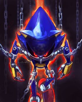 Rule 34 | 1boy, absurdres, animal ears, armor, aura, black sclera, blue armor, book cover redraw, bound, chain, character doll, claws, colored sclera, cuffs, derivative work, doll, full body, glowing, glowing eyes, hedgehog boy, highres, humanoid robot, kornart, looking at viewer, male focus, metal sonic, red eyes, red shoes, reflection, reflective surface, restrained, robot, shackles, shoes, solo, sonic (series), sonic the hedgehog (idw), when you see it