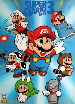 6+boys animal_ears blue_eyes brown_hair facial_hair fire fire_mario fireball flying frog_mario full_body gloves grin hammer hammer_mario hat highres kuribo's_shoe mario mario_(series) multiple_boys mustache nintendo one_eye_closed open_mouth poster power-up promotional_art raccoon_ears raccoon_mario raccoon_tail smile super_mario_bros._3 tail tanooki_mario throwing wink