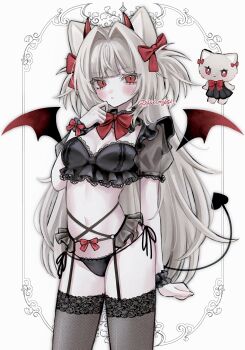 1girl absurdres animal_ears black_bra black_collar black_dress black_panties black_sleeves black_thighhighs blonde_hair blunt_bangs blush bow bowtie bra breasts breasts_apart cat_ears closed_mouth collar commentary cowboy_shot demon_horns demon_tail demon_wings dress frilled_collar frills furry furry_female hair_bow hand_up hands_on_own_chest highres horns lace lace-trimmed_thighhighs lace_trim long_hair looking_at_viewer lulu_(oysi_mysi) medium_breasts navel original oysi_mysi panties red_bow red_bowtie red_eyes red_horns red_wings see-through_clothes see-through_sleeves short_sleeves slit_pupils solo stomach symbol-only_commentary tail thigh_strap thighhighs twitter_username underwear very_long_hair white_background wings