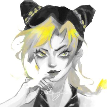 Rule 34 | 1girl, braid, bun with braided base, character name, chinese commentary, closed mouth, commentary request, cone hair bun, curtained hair, double bun, eyelashes, green eyes, green hair, greyscale, hair bun, hand up, highres, jojo no kimyou na bouken, kuujou jolyne, lips, long hair, monochrome, nose, solo, spot color, stone ocean, yu zhezhe