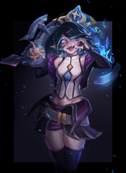 1girl absurdres bare_shoulders battle_academia_briar blue_eyes blue_hair breasts commentary english_commentary fingernails hair_ornament hair_over_one_eye hands_up highres league_of_legends mamoriartt medium_breasts medium_hair multicolored_hair official_alternate_costume pointy_ears sharp_teeth shirt shorts solo streaked_hair teeth thighhighs tongue white_shirt