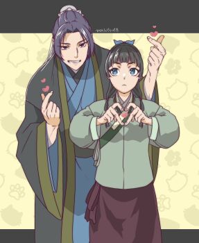 Rule 34 | 1boy, 1girl, beads, black hair, blue eyes, blue ribbon, blue robe, blunt bangs, border, bun cover, cat, chinese clothes, commentary request, cowboy shot, dated, frown, green shirt, grey border, grin, hair beads, hair bun, hair ornament, hair ribbon, half updo, heart, heart hands, highres, jinshi (kusuriya no hitorigoto), kusuriya no hitorigoto, maomao (kusuriya no hitorigoto), parted bangs, paw print, paw print background, pink eyes, purple hair, red skirt, ribbon, robe, shirt, skirt, smile, takehide, teeth, yellow background