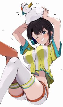 1girl absurdres animal animal_on_head aqua_eyes arms_up ass asymmetrical_legwear backwards_hat baseball_cap black_hair blush breasts brown_hair commentary_request falling feet_out_of_frame from_below green_eyes grin hat highres hololive kuno_(kc9s) looking_at_viewer loose_clothes loose_shirt medium_breasts midriff_peek mismatched_legwear navel on_head one_eye_closed oozora_subaru oozora_subaru_(1st_costume) red_thighhighs shirt shirt_overhang shoes short_hair short_shorts short_sleeves shorts sidelocks sideways_hat simple_background smile stopwatch stopwatch_around_neck striped_clothes striped_shirt subaru_duck sweatband swept_bangs thighhighs tied_shirt trembling two-tone_headwear vertical-striped_clothes vertical-striped_shirt virtual_youtuber watch whistle whistle_around_neck white_background white_shoes white_thighhighs yellow_shirt