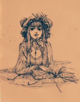 Rule 34 | 1girl, absurdres, blunt bangs, book, bow, breasts, cleavage, crescent, crescent hat ornament, elbow gloves, gloves, hair bow, hat, hat ornament, highres, jewelry, long hair, long sleeves, looking to the side, medium breasts, mob cap, mole, mole under eye, necklace, open book, patchouli knowledge, ring, sendai (nazonomono), smile, solo, touhou, traditional media